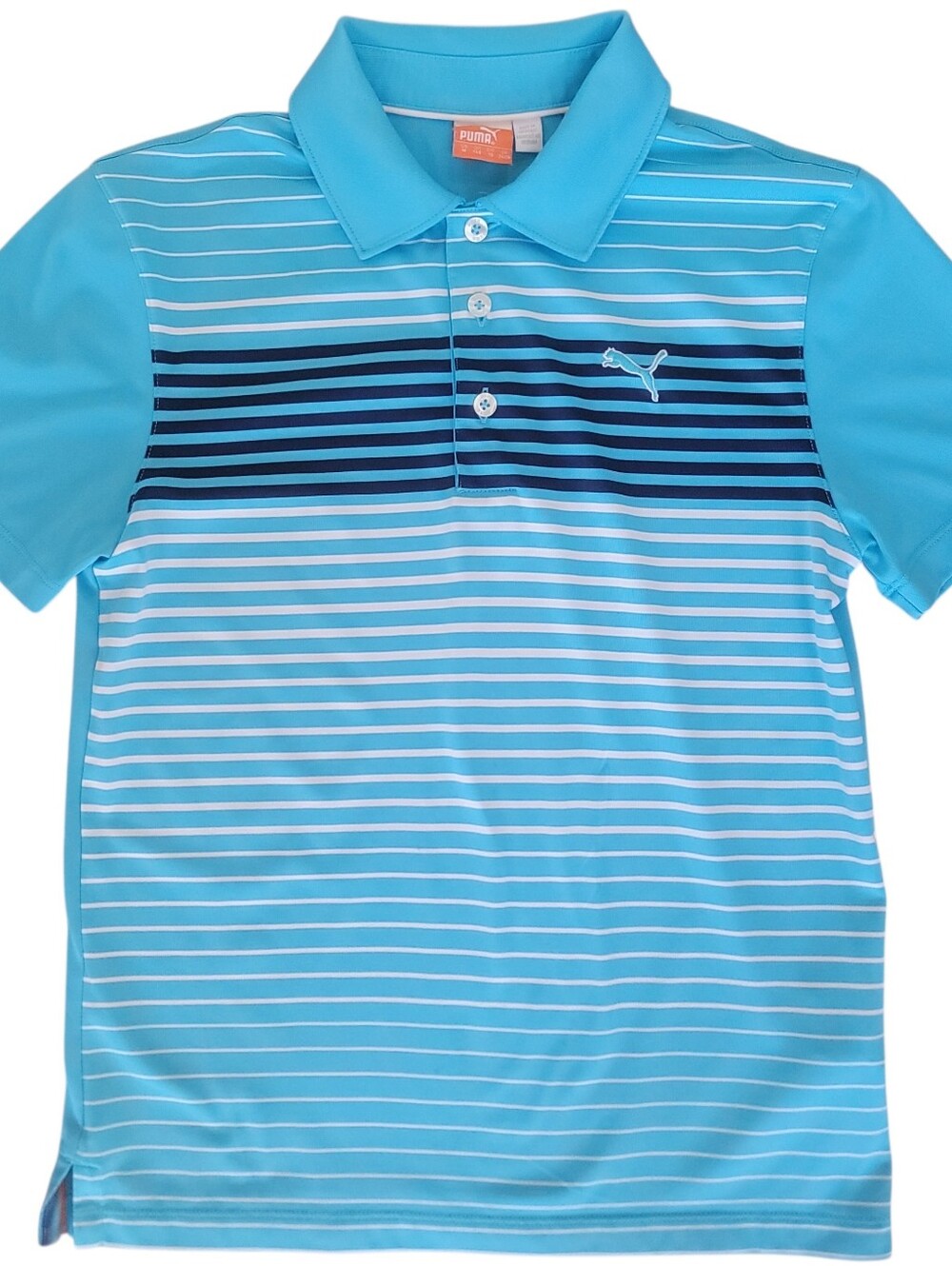 Puma Boys Golf Blue White Striped Performance Polo Shirt Medium DryCell Sport